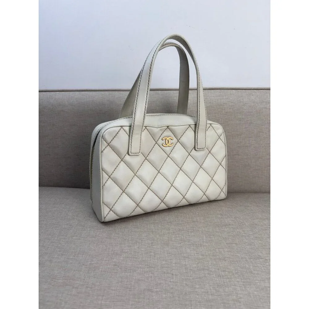 CHANEL White Calfskin Wild Stitch Bowler Medium GHW